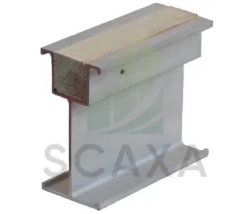 Aluminium beam S-150 showcasing structural design for prop system scaffolding, emphasizing strength and stability for construction and industrial applications, branded with Scaxa logo.