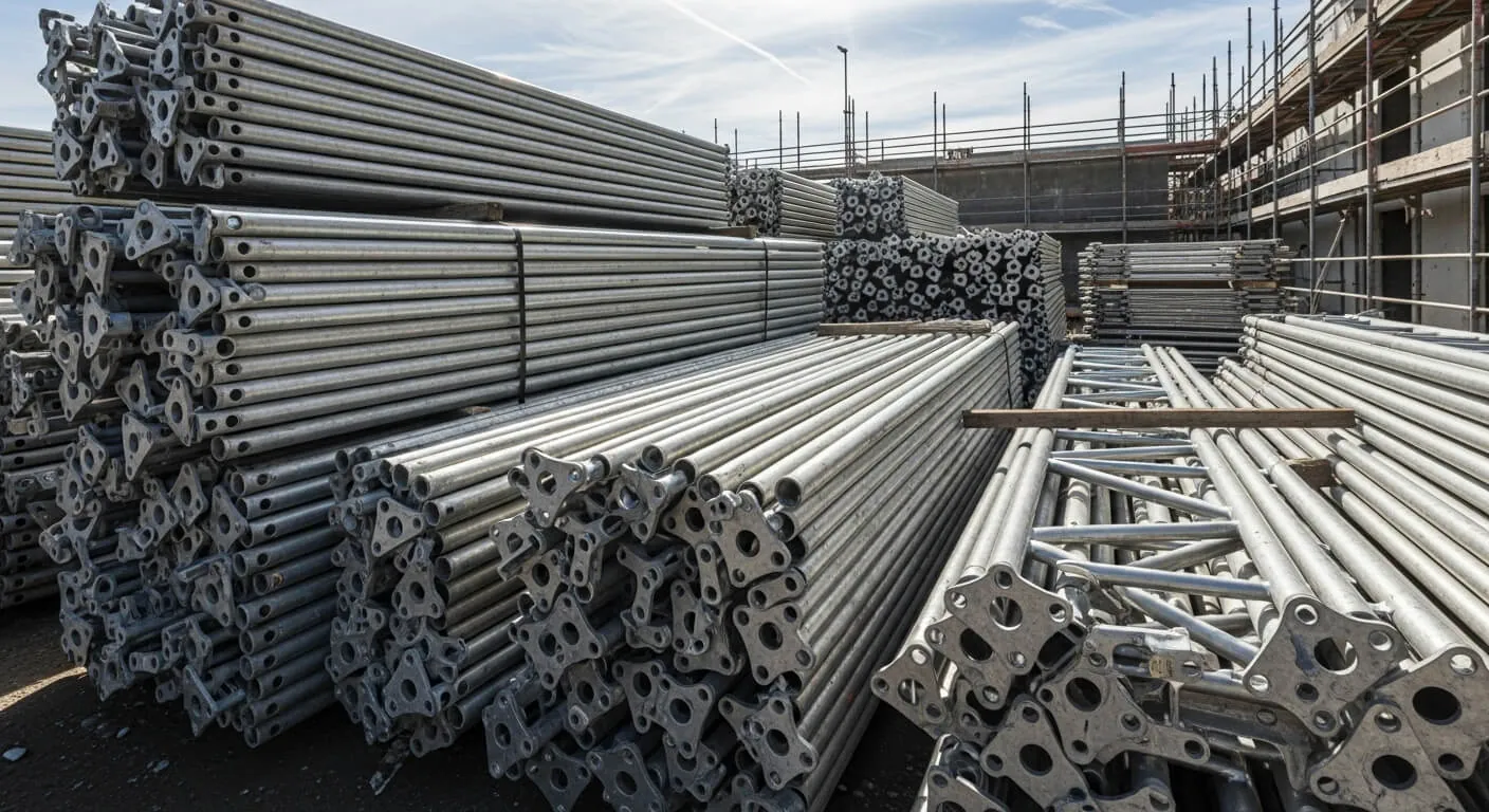 Piles of aluminum scaffolding pipes and connectors stacked on a construction site, showcasing SCAXA's durable formwork solutions for efficient building projects.