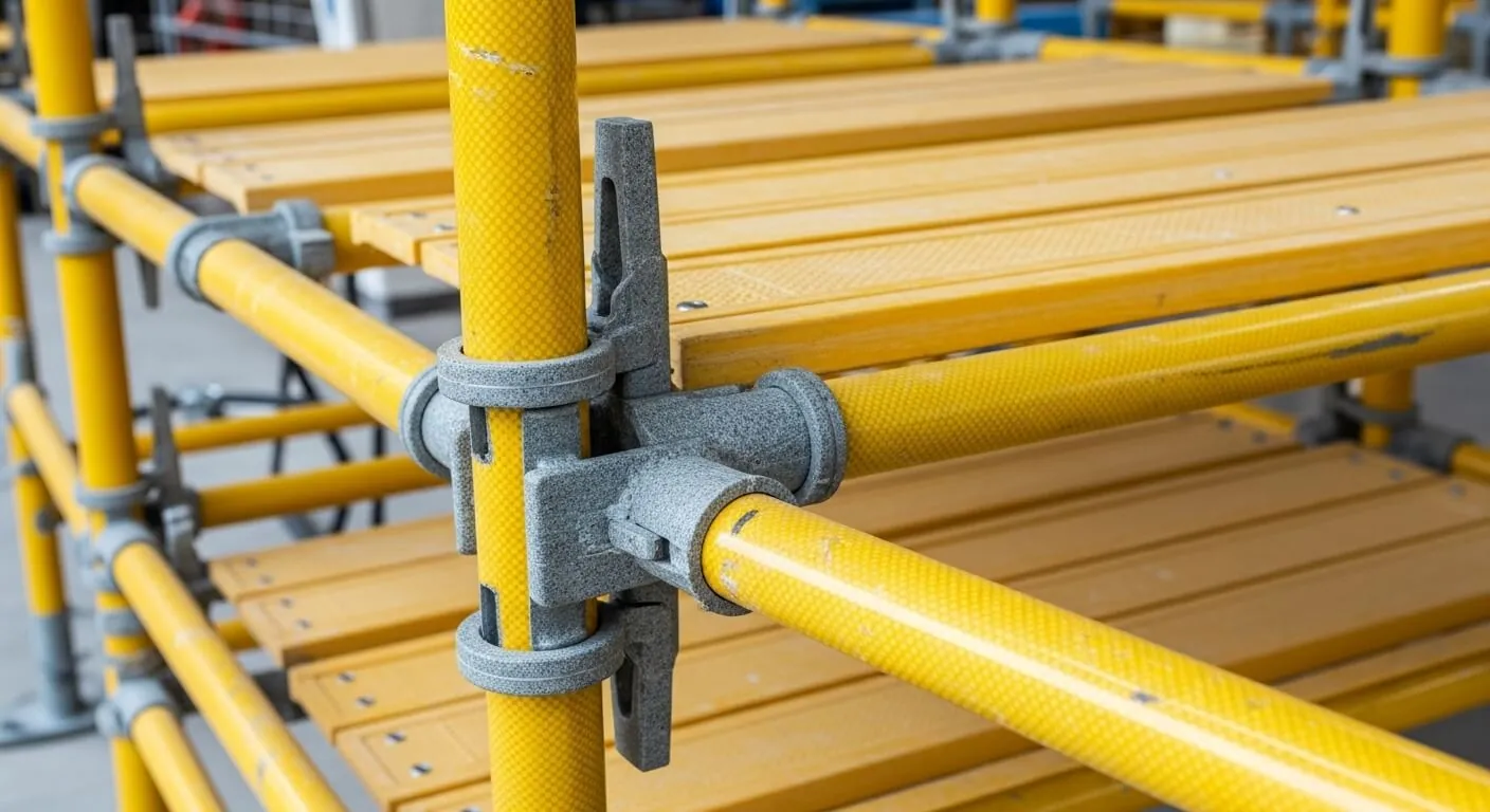 Fiberglass scaffolding system featuring yellow horizontal planks and gray connectors, illustrating SCAXA's innovative formwork solutions for construction efficiency and safety.