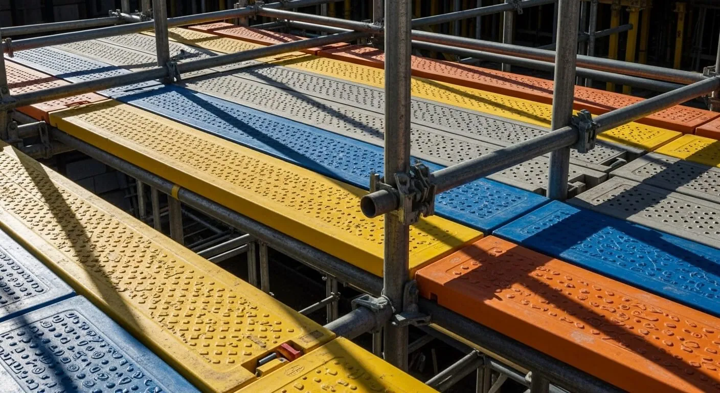Colorful plastic scaffolding boards arranged on a construction site, showcasing SCAXA's innovative formwork solutions for enhanced efficiency and safety.