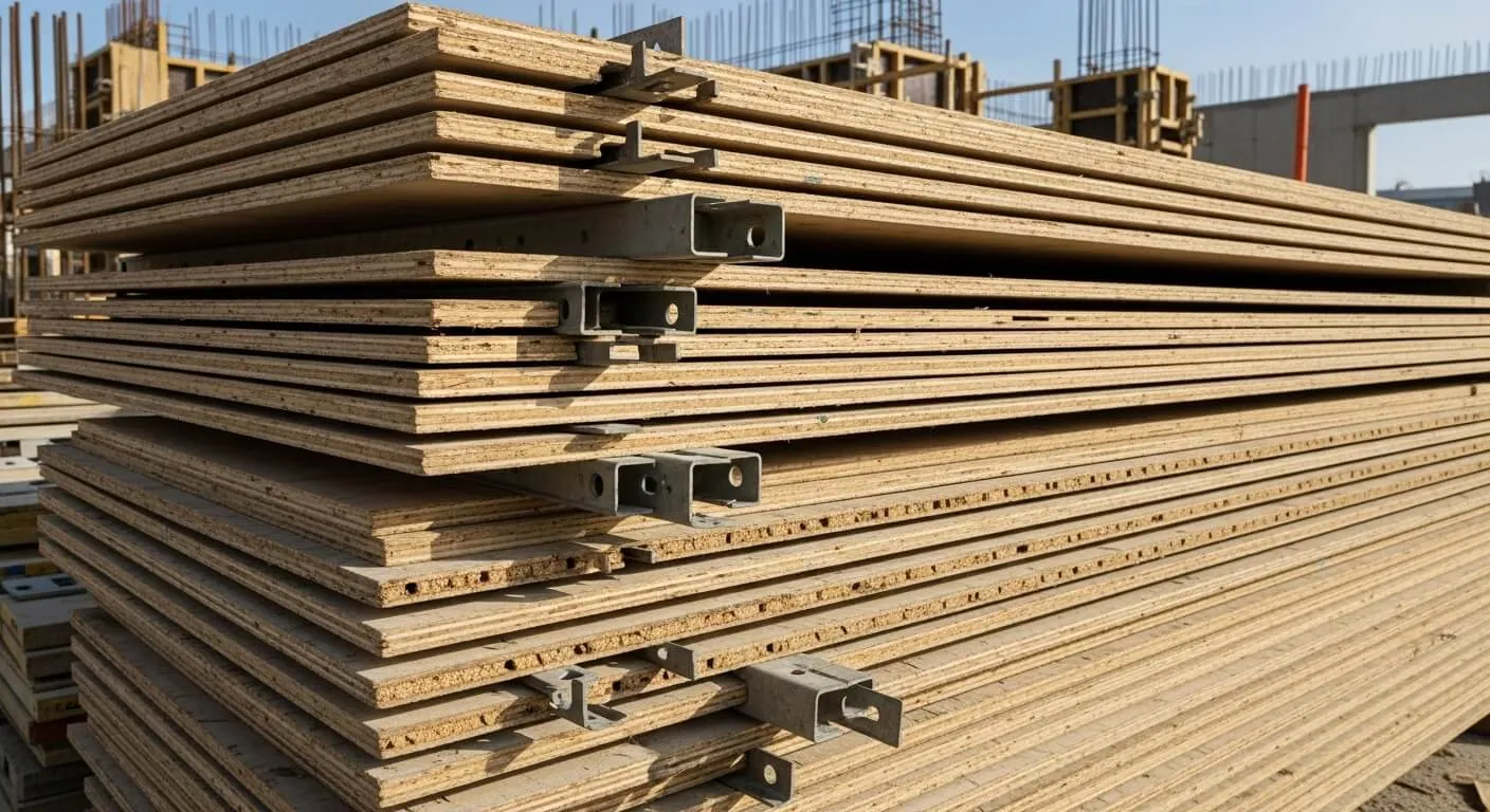 Plywood scaffolding stacked on a construction site, showcasing durable formwork solutions for efficient building projects.