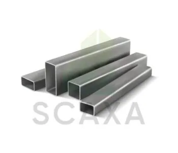 Rectangular hollow tubes in various sizes, featuring a metallic finish, representing Scaxa's scaffolding solutions for industrial applications and construction projects.