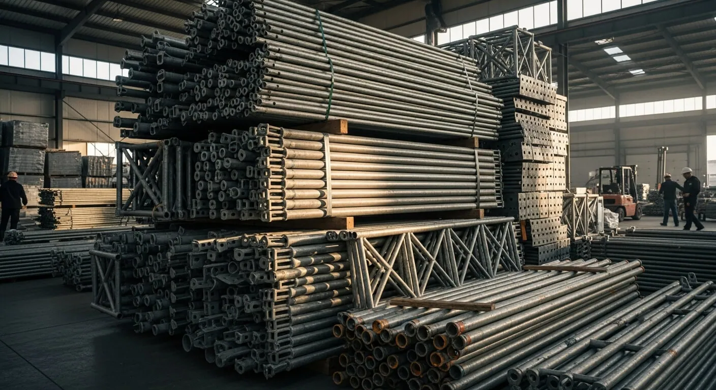 Steel scaffolding materials stacked in a warehouse, showcasing various pipes and frames, emphasizing SCAXA's focus on innovative formwork solutions for construction projects.