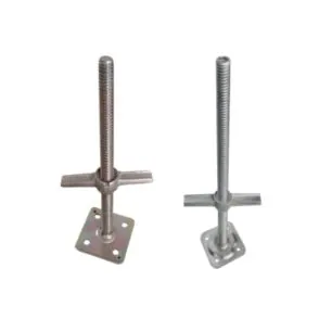 Adjustable screw jacks for scaffolding, showcasing two metal jacks with square bases and threaded rods, relevant for portable scaffolding solutions.