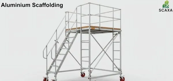 Aluminium scaffolding structure with stairs and wheels, showcasing construction safety and design, relevant to Rana Zain's scaffolding expertise at SCAXA.