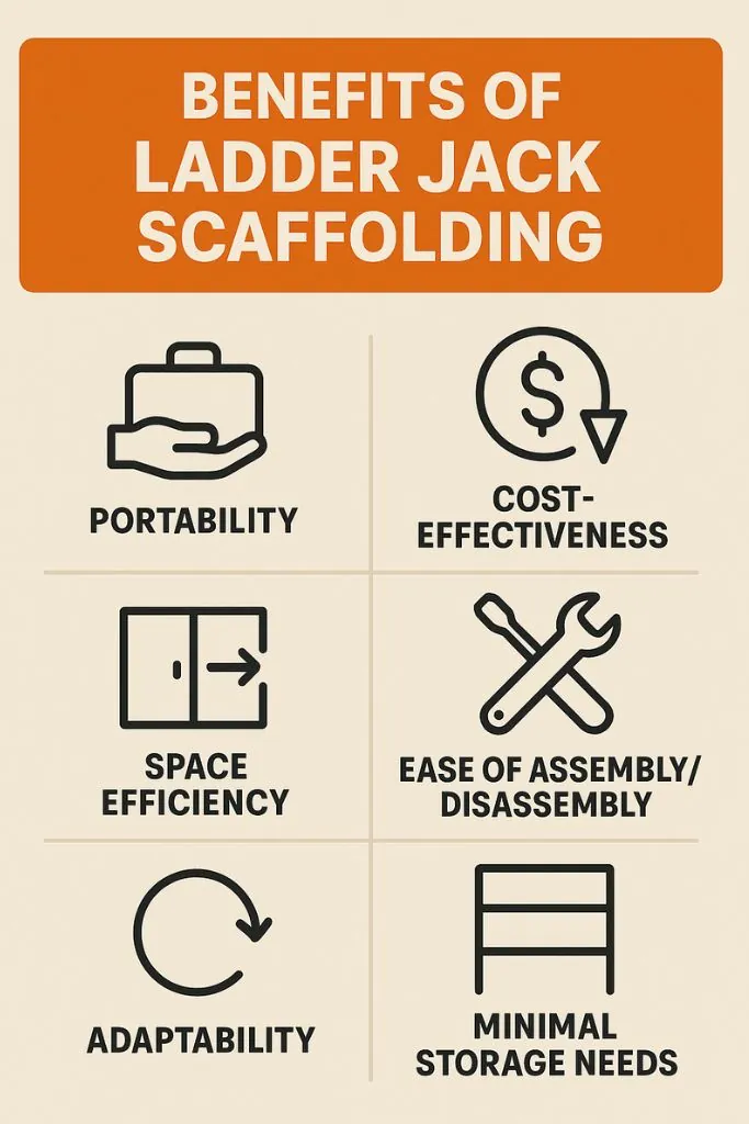 Benefits of Ladder Jack Scaffolding infographic highlighting portability, cost-effectiveness, space efficiency, ease of assembly, adaptability, and minimal storage needs.