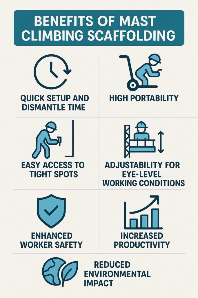 Benefits of mast climbing scaffolding infographic highlighting quick setup, high portability, easy access to tight spots, adjustability for eye-level work, enhanced worker safety, increased productivity, and reduced environmental impact.