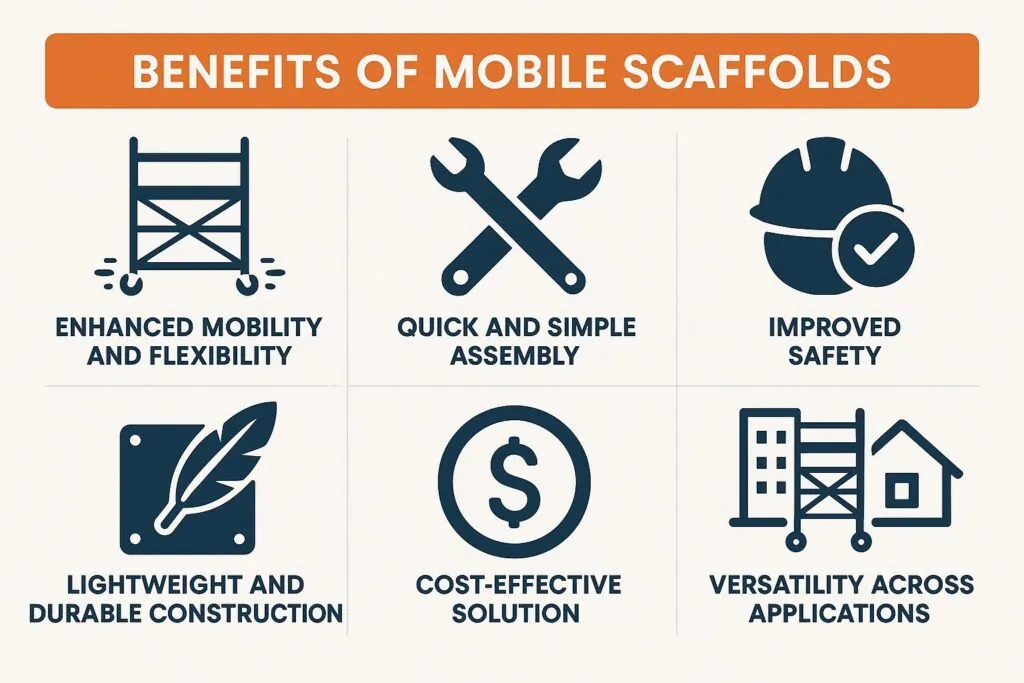 Benefits of mobile scaffolding infographic highlighting enhanced mobility and flexibility, quick and simple assembly, improved safety, lightweight and durable construction, cost-effective solution, and versatility across applications.