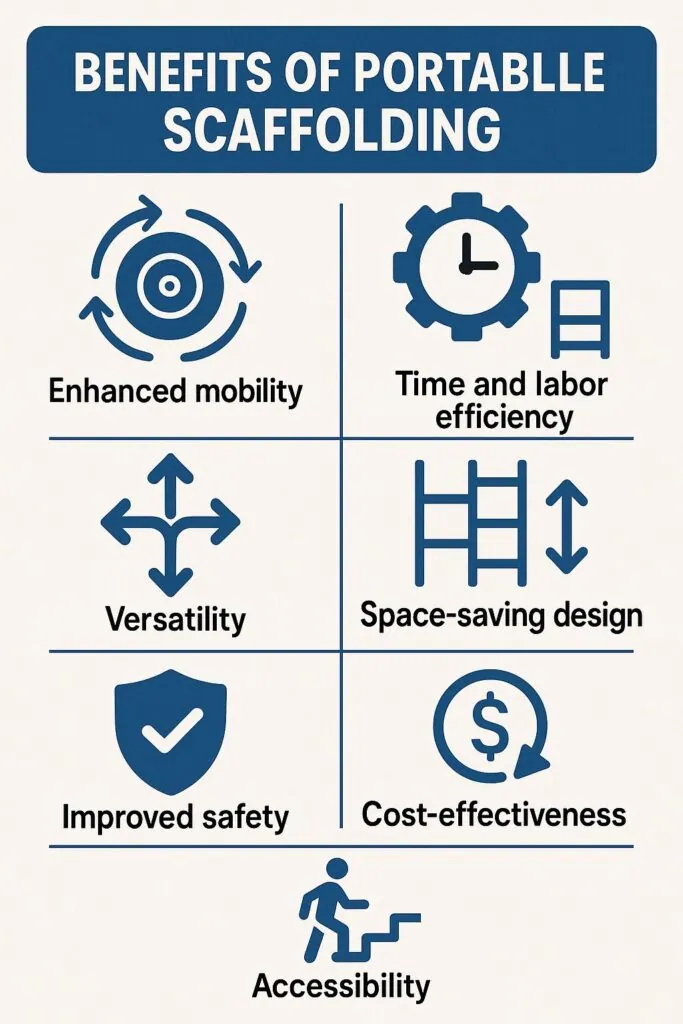 Benefits of portable scaffolding infographic highlighting enhanced mobility, time and labor efficiency, versatility, space-saving design, improved safety, cost-effectiveness, and accessibility.