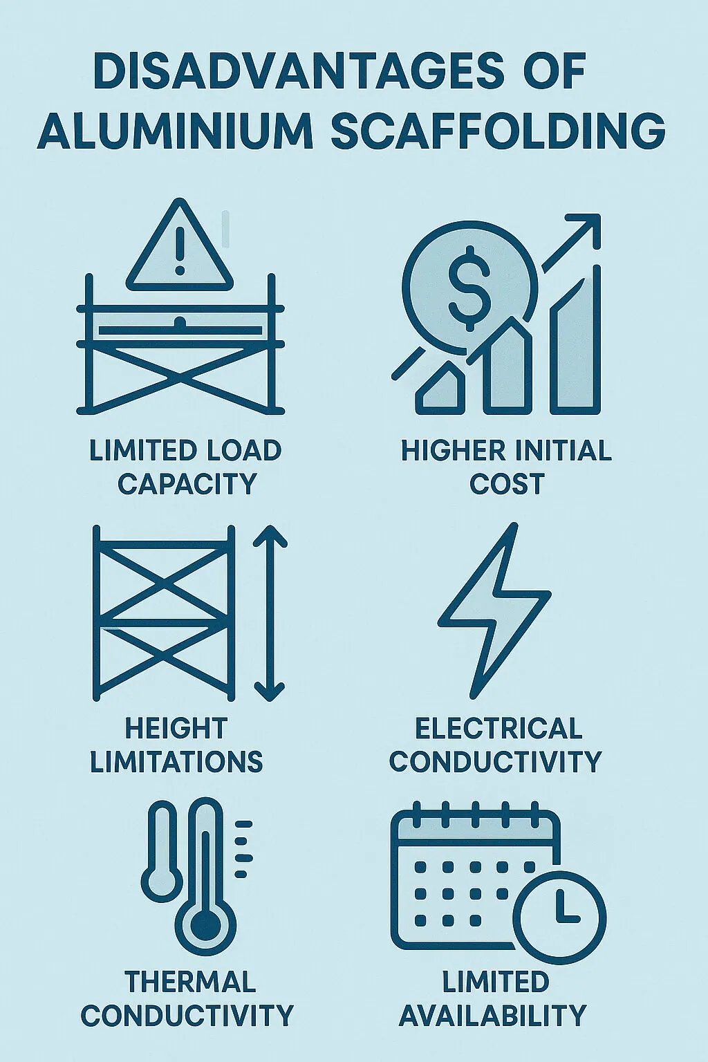 Disadvantages of aluminium scaffolding including limited load capacity, higher initial cost, height limitations, electrical conductivity, thermal conductivity, and limited availability, illustrated with icons.