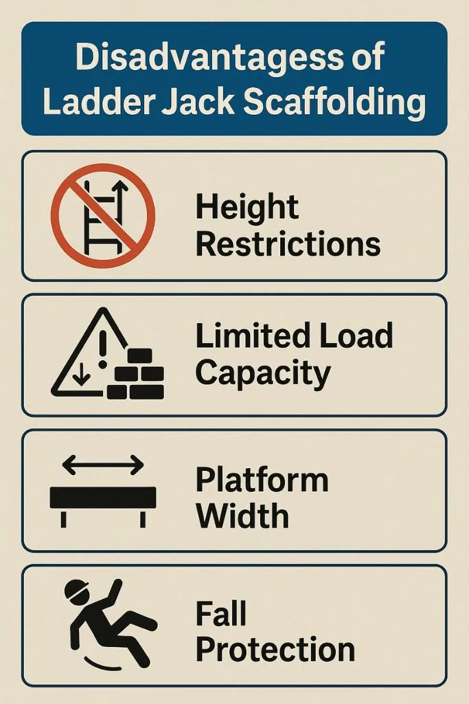 Disadvantages of Ladder Jack Scaffolding including height restrictions, limited load capacity, platform width issues, and fall protection concerns.