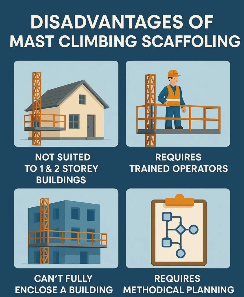 Disadvantages of mast climbing scaffolding, including visuals of a house, a worker, a building, and a clipboard highlighting issues such as unsuitability for low buildings, need for trained operators, inability to fully enclose structures, and requirement for methodical planning.