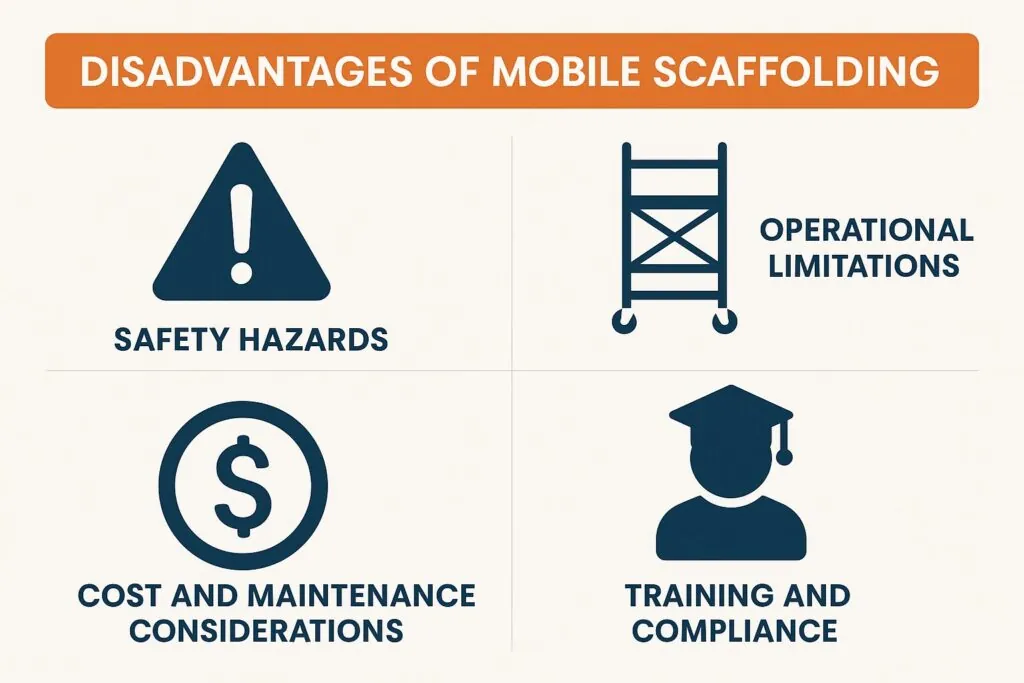 Disadvantages of mobile scaffolding: safety hazards, operational limitations, cost and maintenance considerations, training and compliance.