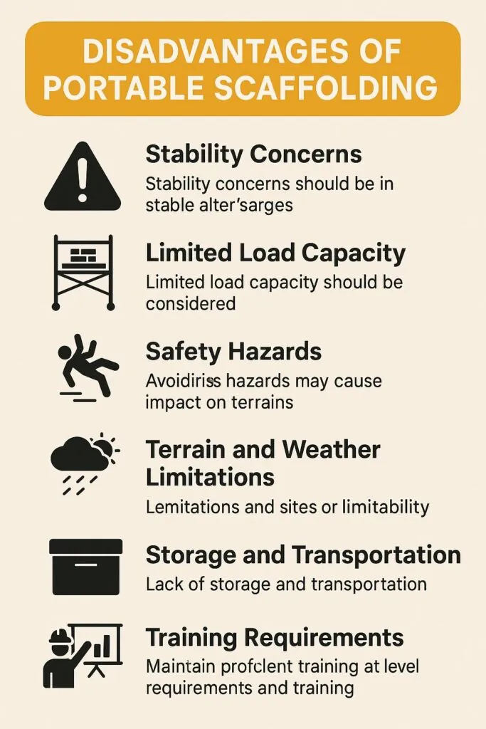 Disadvantages of portable scaffolding including stability concerns, limited load capacity, safety hazards, terrain limitations, storage issues, and training requirements.