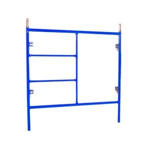 Portable blue scaffolding frame with multiple levels, designed for construction and maintenance applications.