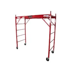 Baker scaffolding with built-in ladders and wheels, designed for construction projects, showcasing its robust red frame.