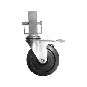 Locking caster wheel designed for Baker Scaffolding applications, featuring a durable black wheel and metal bracket for stability in construction projects.