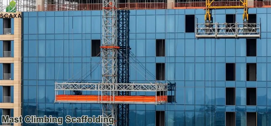 Mast climbing scaffolding system on a tall building, featuring a power-driven platform for safe access, with SCAXA branding visible.