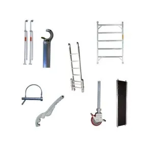 Various scaffolding accessories including ladder, wheels, and connectors for portable scaffolding systems offered by SCAXA.