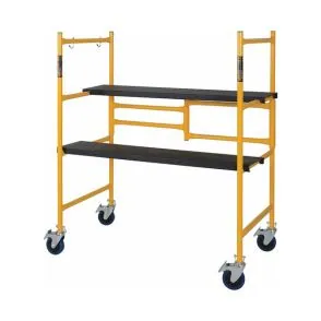 Portable scaffolding system with yellow frame and black platforms, designed for construction and maintenance applications, featuring wheels for mobility.