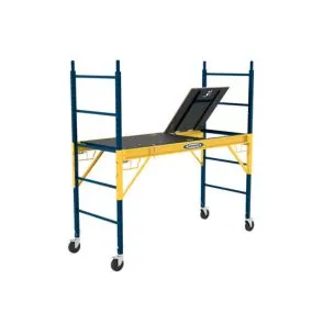 Plywood platform scaffolding with trapdoor, featuring blue and yellow frame, designed for construction applications.