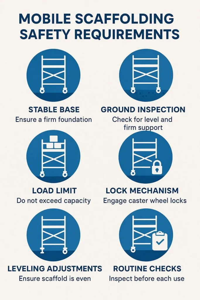 Mobile scaffolding safety requirements infographic highlighting stable base, ground inspection, load limit, lock mechanism, leveling adjustments, and routine checks for construction safety.