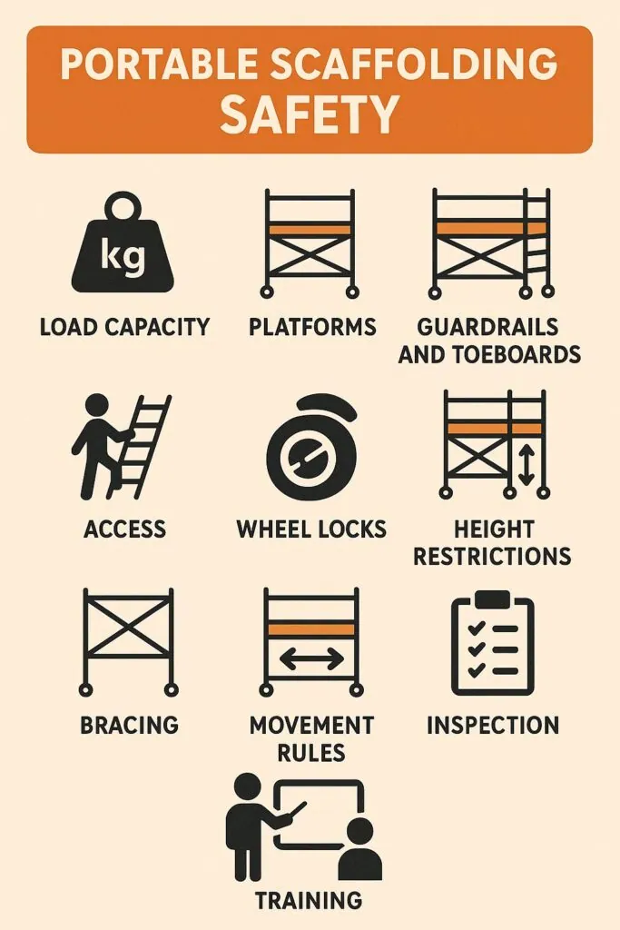 Portable scaffolding safety guidelines featuring icons for load capacity, platforms, guardrails, access, wheel locks, height restrictions, bracing, movement rules, inspection, and training.