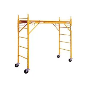 Baker scaffolding with side braces, featuring a yellow frame and wheels, designed for construction applications.
