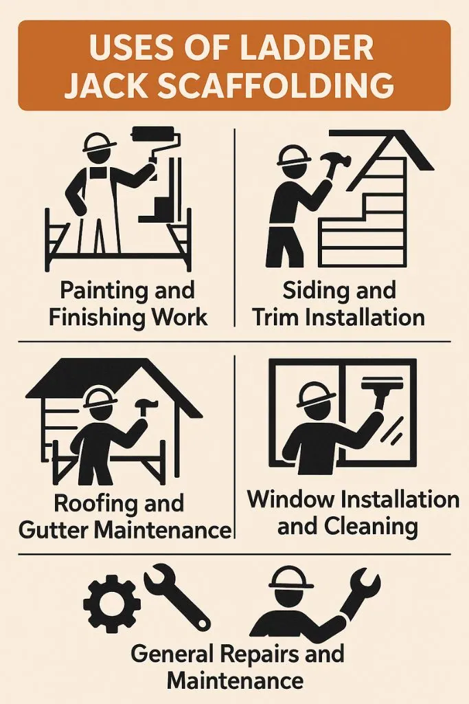 Uses of Ladder Jack Scaffolding for painting, siding, roofing, window installation, and general maintenance, featuring icons representing various construction tasks.
