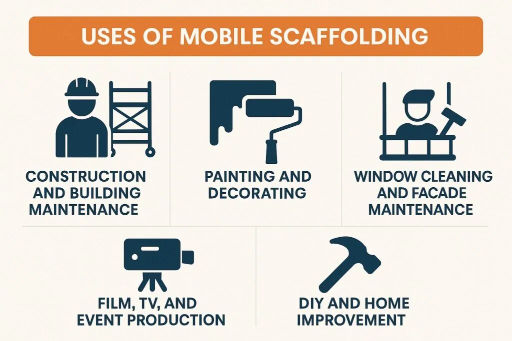 Uses of mobile scaffolding in construction, painting, window cleaning, film production, and home improvement, featuring icons for each application.