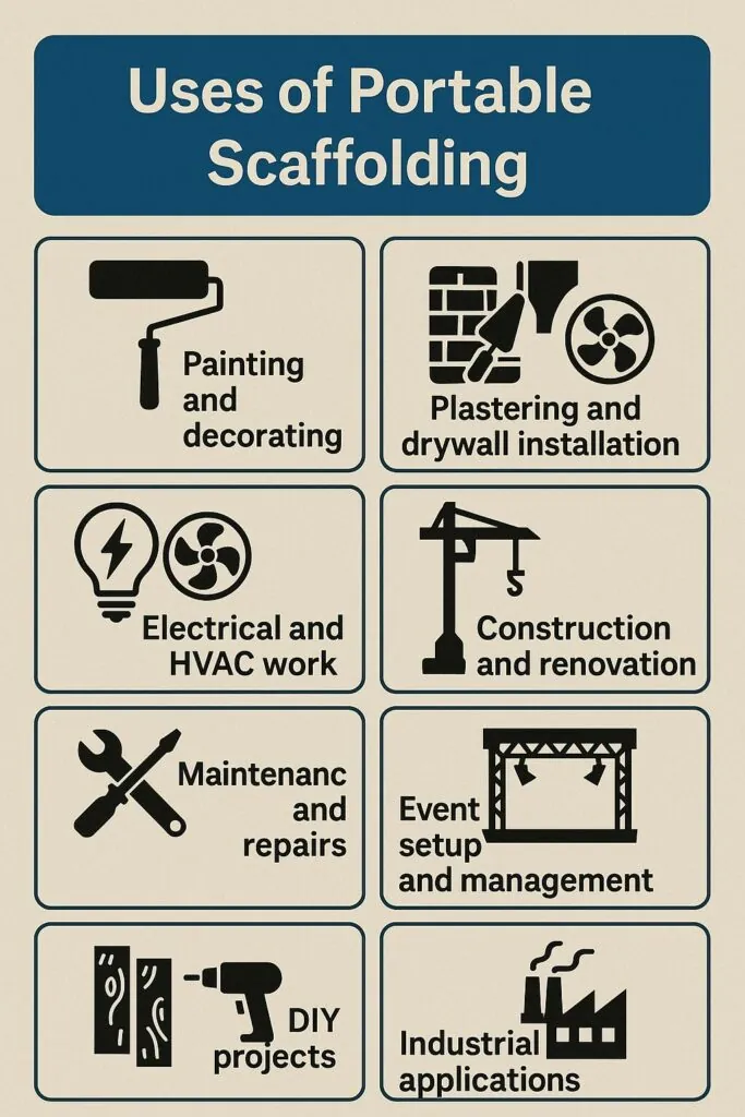 Uses of portable scaffolding for painting, plastering, electrical work, construction, maintenance, DIY projects, event setup, and industrial applications.