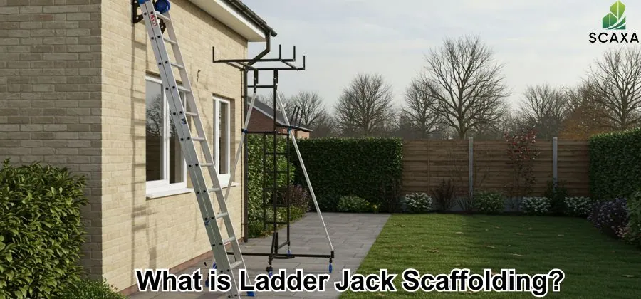 Ladder Jack scaffolding setup with a ladder against a house wall, featuring a bracket system for light-duty tasks, illustrating its use in construction and maintenance.