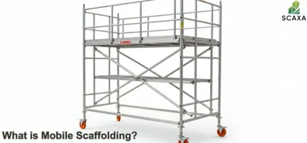 Mobile scaffolding structure with wheels, featuring a safety railing and labeled "What is Mobile Scaffolding?" from SCAXA.