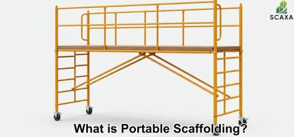 Portable scaffolding structure with yellow frame and wheels, featuring a platform and safety rails, labeled "What is Portable Scaffolding?" with SCAXA logo.