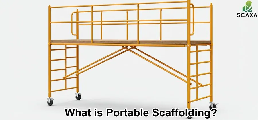 Portable scaffolding system with adjustable platform and lockable caster wheels, featuring SCAXA branding, illustrating mobility and safety for construction and maintenance tasks.